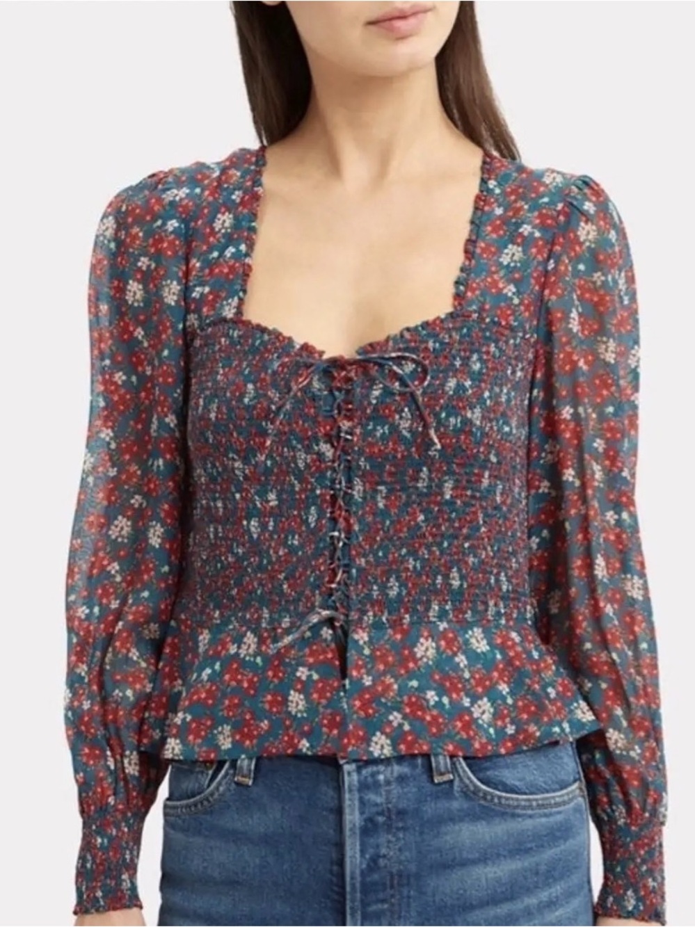 INTERMIX Teal Floral Smocked Tie-Front Blouse with Red & Pink Flowers